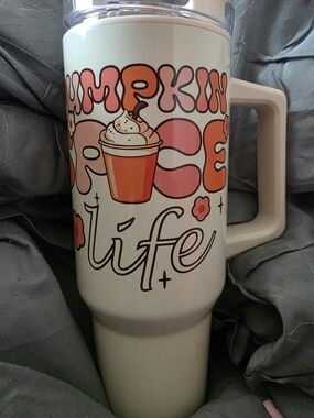 Pumpkin Spice Life White Travel Mug with Pink & Orange Artwork